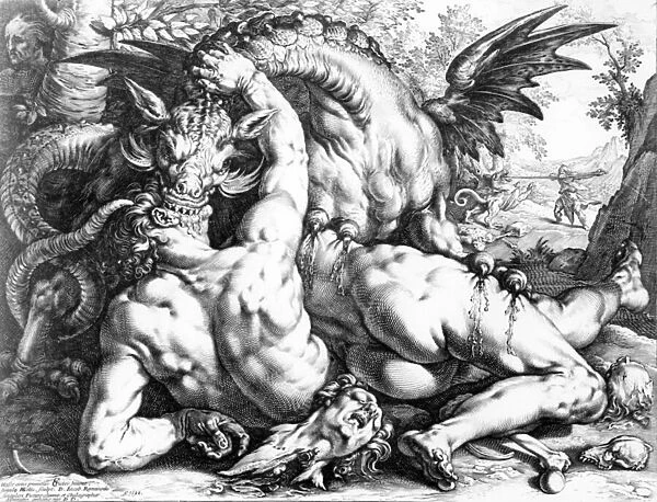 Dragon devouring the companions of Cadmus, engraved by Hendrik Goltzius, 1588 (engraving)