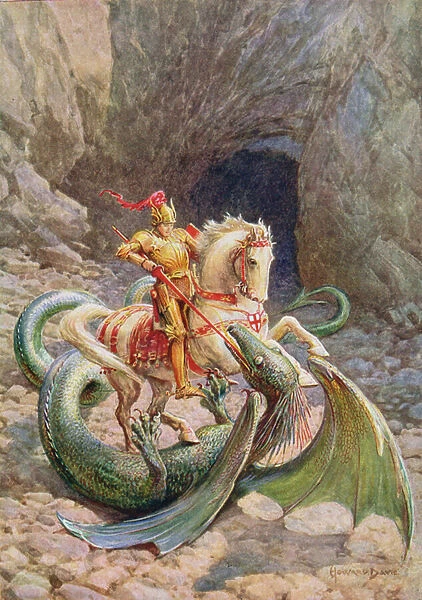The dragon... fell to earth dead, from St. George and the Dragon, The Seven Champions of Christendom, by Rose Yeatman Woolf, published by Raphael Tuck, 1920s (colour litho)
