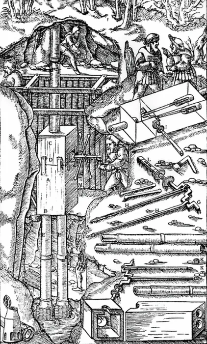 Framed Print : Draining a mine using a duplex suction pump, 1556 (woodcut engraving) Framed Print : Draining a mine using a duplex suction pump, 1556 (woodcut engraving)