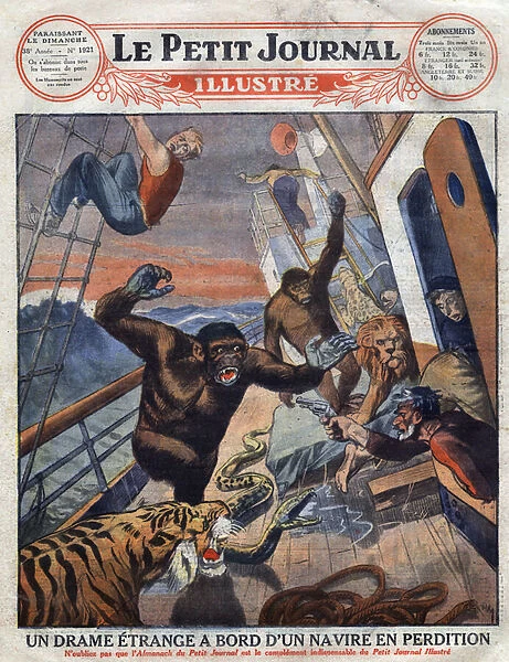 Drama about the French liner 'Saint Etienne': gorillas, tiger, lion and snake destined for English zoological gardens escaped from their cage and attacked the crew members. 'Engraving