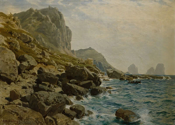 Dramatic Coastal Scenery with Boat (oil on canvas)