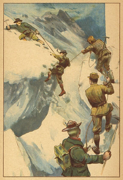 Dramatic mountaineering incident (colour litho)