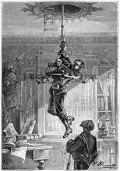 Drawing by Leon Benett, from the book of Jules Verne 'The 500 million of the Begum' - edition Hetzel / Extraordinary Voyages 1879. '... He was no sooner suspended from the candelabre dore, than his extreme surprise, he saw him fall under his hand