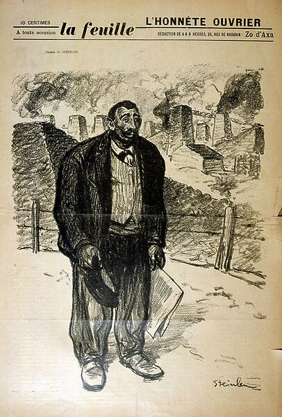 Drawing of a poor factory worker against an industrial landscape, by Alexandre Steinlen (1859-1923), a Swiss-born French Art Nouveau painter and printmaker