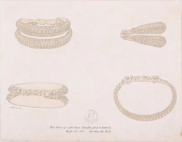 Drawing of Viking gold armlet from Ireland, c. 1812-13 (pen, ink & wash on paper)