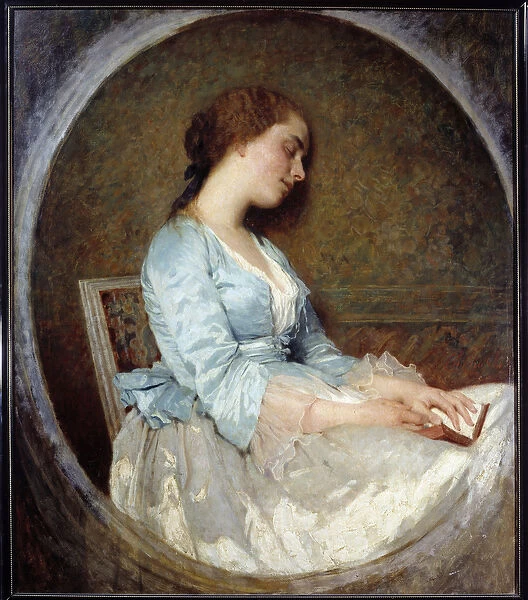 The dream Young Woman Sleeping on her book. Painting by Charles Chaplin (1825-1891