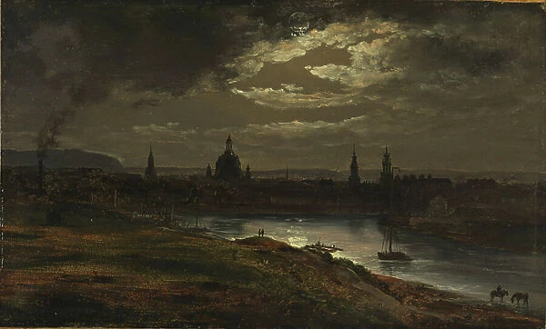 Dresden by Moonlight, 1845 (oil on paper mounted on board)