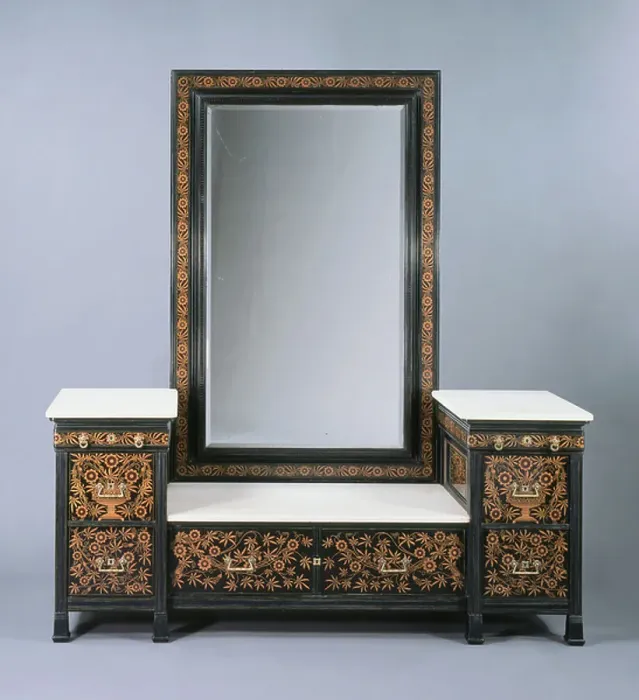 Framed Print : Dressing Table and Mirror, 1879 (ebonized cherry, holly and purpleheart marquetry, padouk, marble, brass, mirrored glass & gilding) Framed Print : Dressing Table and Mirror, 1879 (ebonized cherry, holly and purpleheart marquetry, padouk, marble, brass, mirrored glass & gilding)