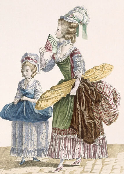 Dressmaker and her assistant carrying tools of trade, engraved by Dupin, plate no