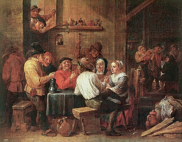 Drinkers and smokers: a group of villagers sitting in an inn, c. 1650 (painting)