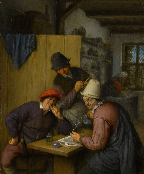 Three Drinking and Smoking Farmers in a Tavern, 1666-67 (oil on wood)