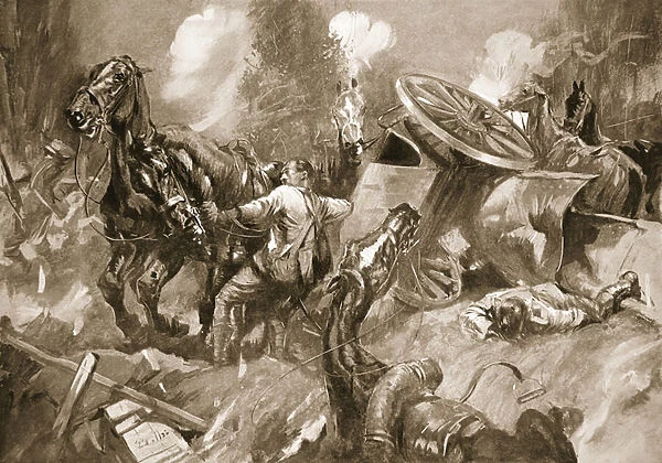 Driver Tanser extricating horses under heavy shell-fire (litho)