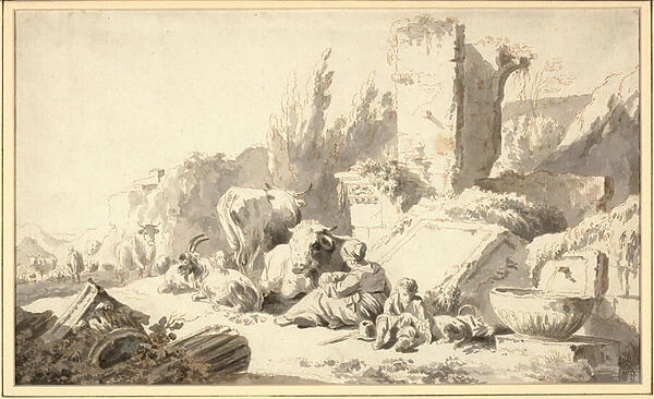 A drover with his family and cattle beside classical ruins, 1666 (chalk