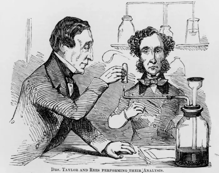 Framed Print : Drs. Taylor and Rees Performing their Analysis, 1856 (lithograph) (b / w photo) Framed Print : Drs. Taylor and Rees Performing their Analysis, 1856 (lithograph) (b / w photo)