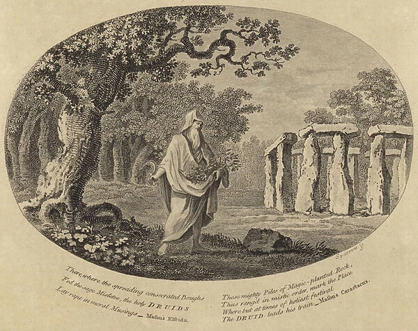 A druid taking cuttings with a scythe beside an ancient monument (engraving)