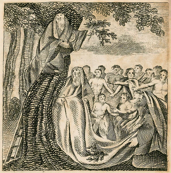 Druids gathering sacred misteltoe in ancient Britain (engraving)