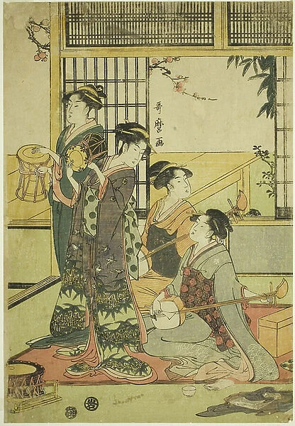 Drums and Shamisen (colour woodblock print; aiban)