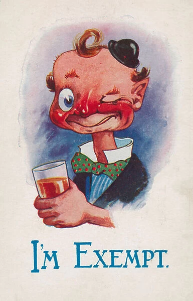 Drunk man holding a drink (colour litho)