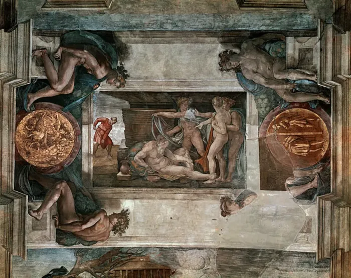 Framed Print : The Drunkenness of Noah, detail from the Sistine Chapel ceiling, 1508-12 (fresco)