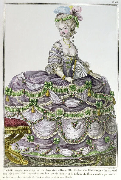 A Duchess at the court of Louis XVI wearing a dress with paniers