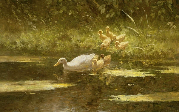 Duck with Ducklings on the Riverbank (oil on canvas)