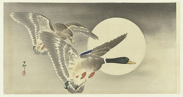 Two ducks with full moon, 1900-30 (colour woodcut)