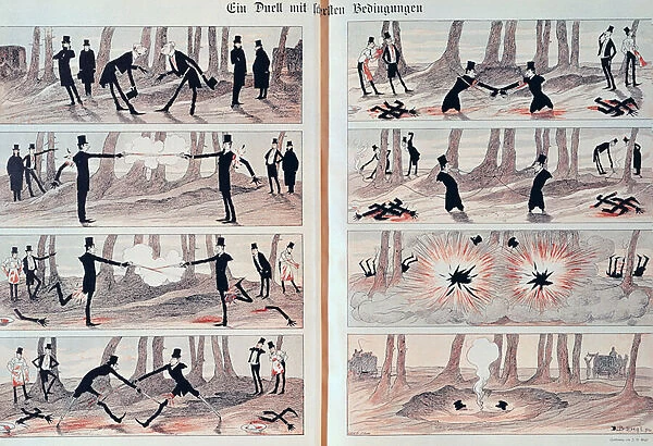 A Duel, from Simplicissimus, 20th June 1896 (coloured engraving)