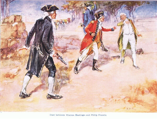 Duel between Warren Hastings and Philip Francis 1780AD (colour litho)