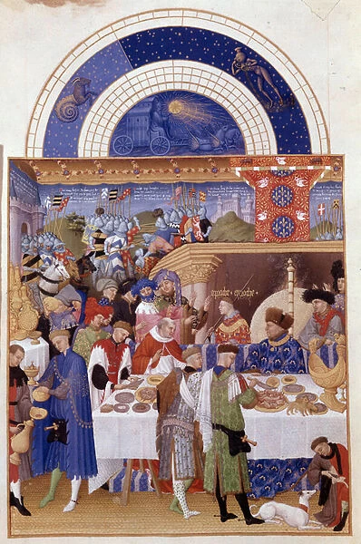 The Duke of Berry has table and the month of January. Flemish miniature by Pol De Limburg