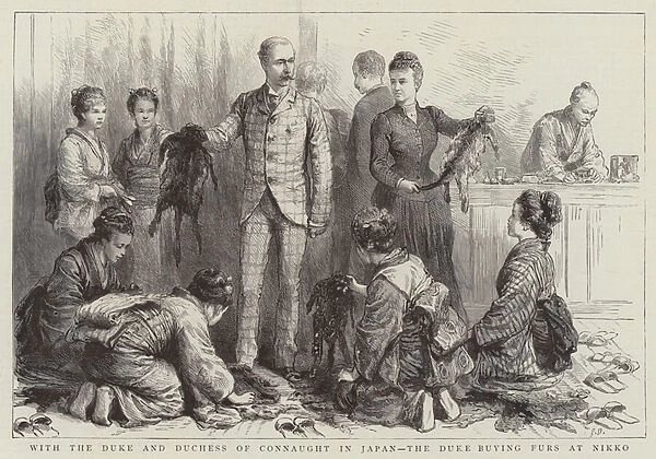 With the Duke and Duchess of Connaught in Japan, the Duke buying Furs at Nikko (engraving)