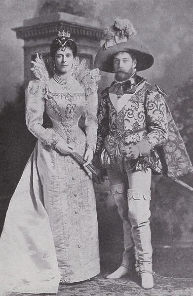 The Duke and Duchess of York, the future King George V and Queen Mary, in Elizabethan costume at a ball at Devonshire House, 1897 (b  /  w photo)