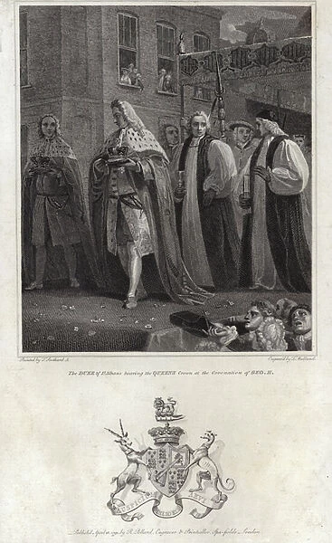 The Duke of St Albans carrying the Queens crown at the coronation of King George II, 1727 (engraving)