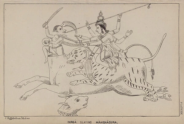 Durga slaying Mahishasura (engraving)