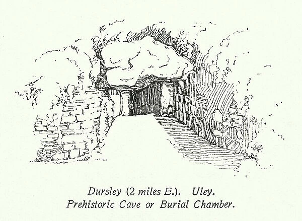 Dursley, 2 miles E, Uley, Prehistoric Cave or Burial Chamber (litho)