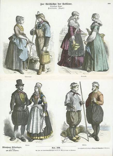 Dutch costumes, 19th Century (coloured engraving)