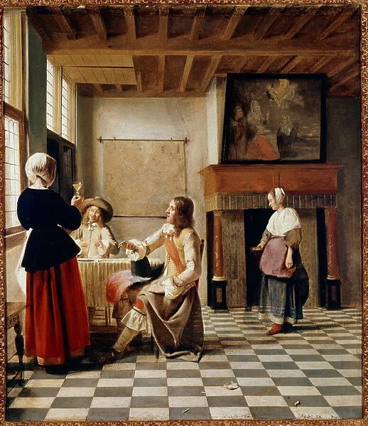 Dutch Interieur. A woman drinks with two attable men (oil on canvas, circa 1658)