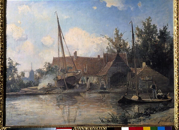 Dutch Landscape with a Big Boat Caulking Painting by Jean Barthold Jongkind (1819-1891