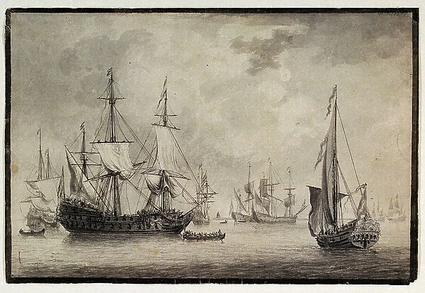 Dutch man-of-war, states yacht and distant shipping in a harbour, late 18th century (pen, ink)