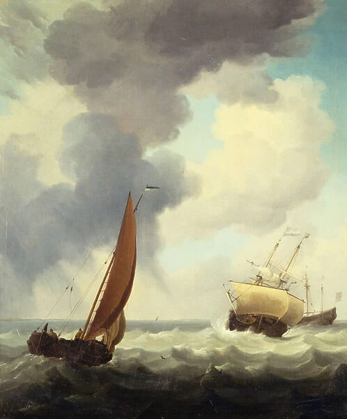 Dutch Merchant Ships and a Coastal Trader in Choppy Seas (oil on canvas)