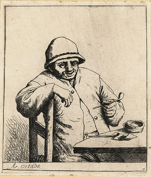 Dutch peasant in cap with a tobacco pipe at a tavern table. 1803 (engraving)