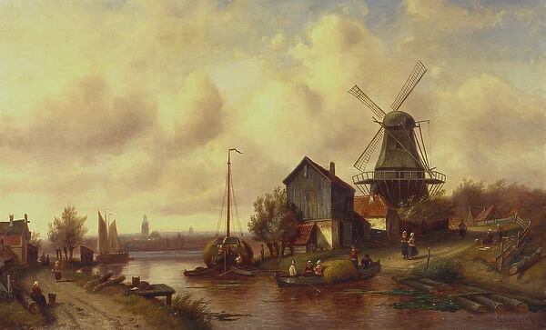 A Dutch River Village (oil on canvas)