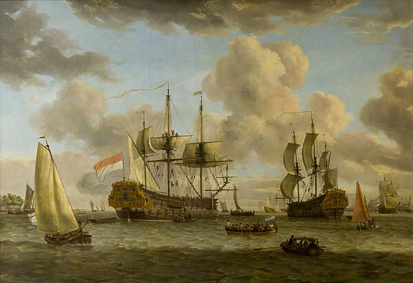 A Dutch Shipping Scene with Vessels in the Mouth of the River Ij, c. 1664-1708 (oil on canvas)