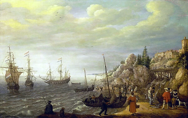 Three Dutch ships anchored in a bay in front of a Scandinavian fortified city. Oil on wood, 1625, by Adam Willaerts (1577-1664)