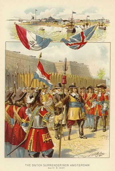 The Dutch surrender New Amsterdam, 8 September 1664 (colour litho)