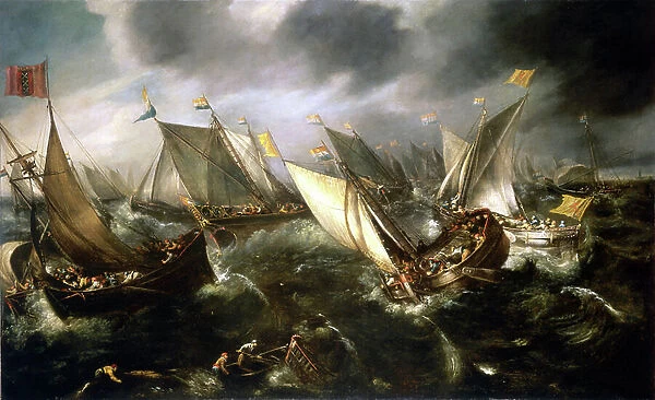 A Dutch yacht race, off the coast of Northern Europe. Oil on canvas, around 1630 by Andries van Eertvelt (1590-1652)