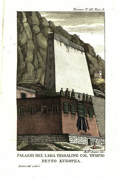 Dwelling of Tessaling Lama with the religious edifice called Kugopea. Illustration by Lieutenant Samuel Davis From Captain Samuel Turner (1759-1802) Account of an Embassy to the Court of the Teshoo Lama in Tibet 1800