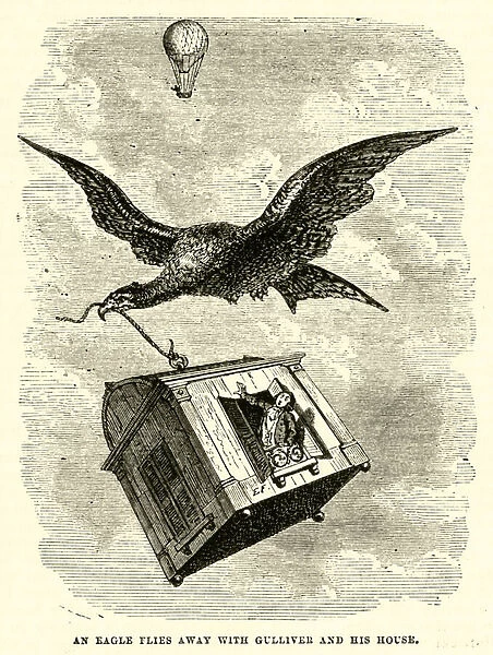 An eagle flies away with Gulliver and his house (engraving)
