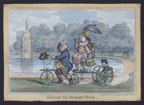 Early cycling, going to Hobby Fair, 1835 (colour litho)