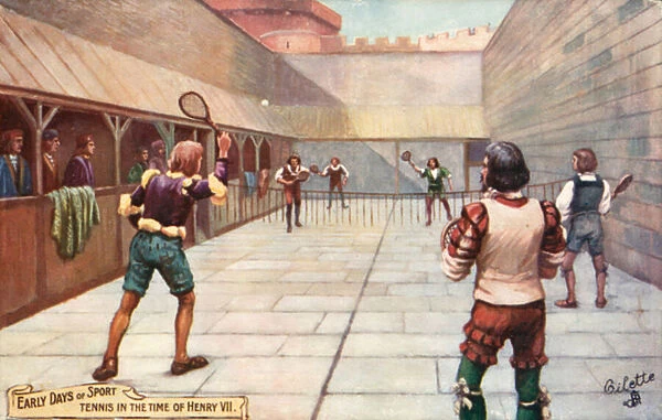 Early Days of Sport, Tennis in the time of Henry VII (colour litho)