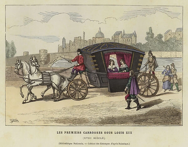 Early French coach, reign of Louis XIII, 17th Century (coloured engraving)